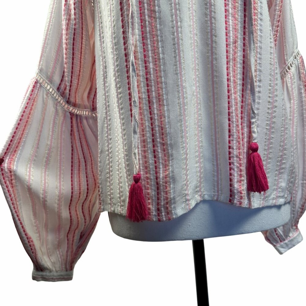 Allison New York Womens Striped Long Bell Sleeve Boho Top Tassels Crochet Artzy - Picture 15 of 16